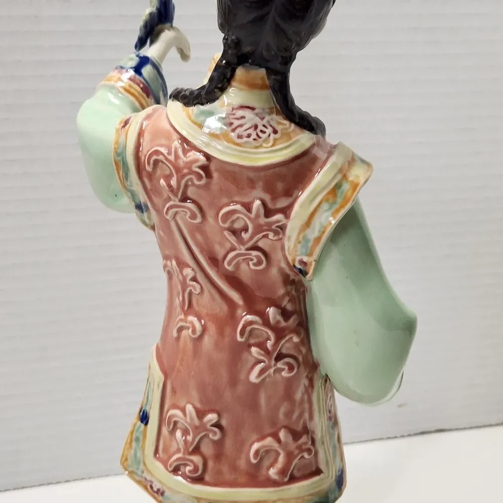 Vintage Chinese Shiwan Porcelain Lady Statue Songbird & Feeding Bowl Figurine